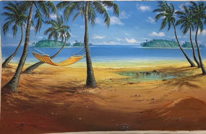 絵画バリ島ヤシの木とハンモック No.0508 バリ島 油絵 彫刻額付き 絵画バリ島ヤシの木とハンモック No.0508