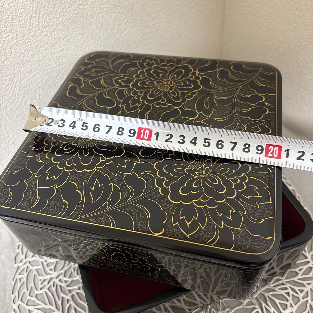 ⭐️輪島塗 布着堅地漆器 二段重箱 漆黒金花模様
