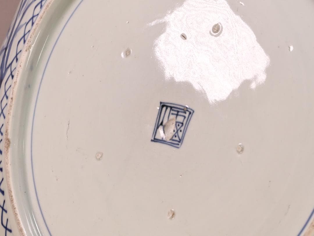 BK265　江戸期　古伊万里　古染付鹿文　大皿　49㎝　二重角福　1尺6寸