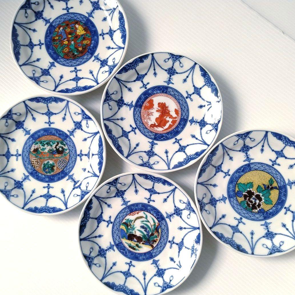 九谷焼 九谷白雅 銘々皿 九谷五彩 絵変わり 中皿 5枚揃 吉田屋 古九谷
