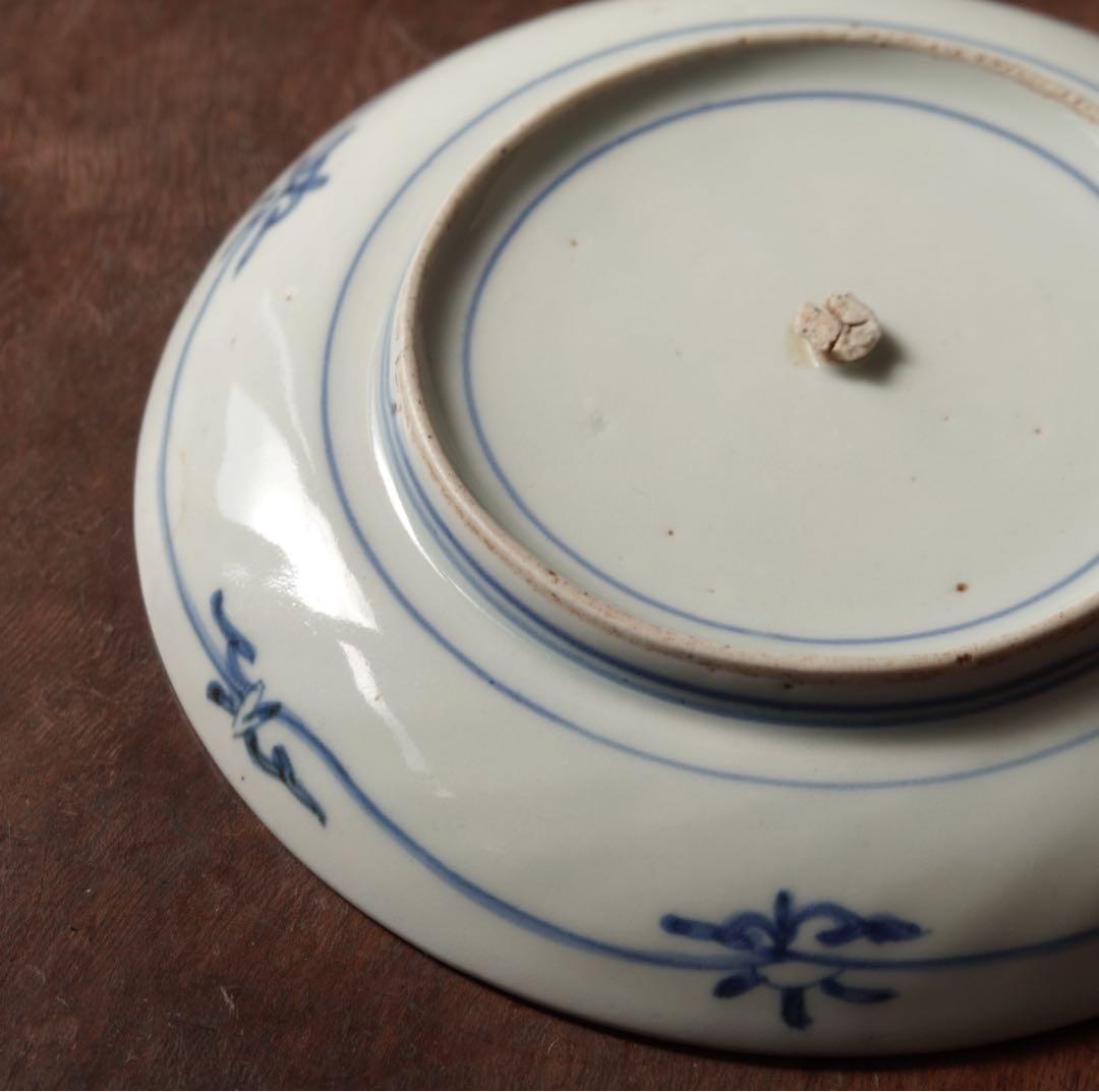 江戸時代 前期 古伊万里 藍九谷 染付 葡萄文 漢詩 皿 五寸皿