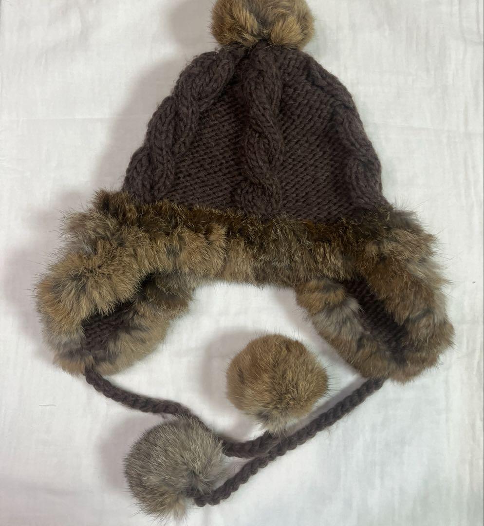 CA4LA】 ニット帽 耳当て付き ブラウン ラビットファー - メルカリ