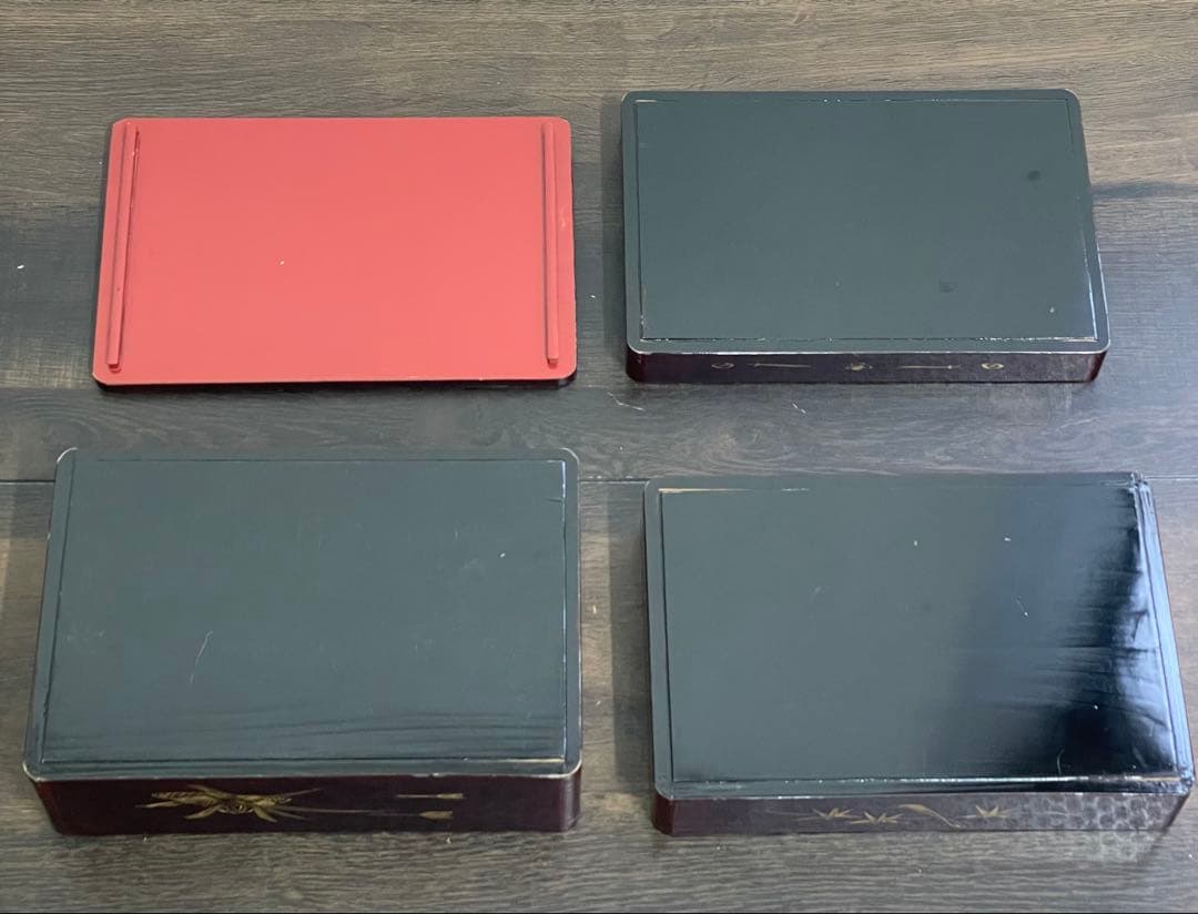 骨董・漆器】天然木 漆塗 重箱 外箱付き 蒔絵（竹・矢）三段重提重