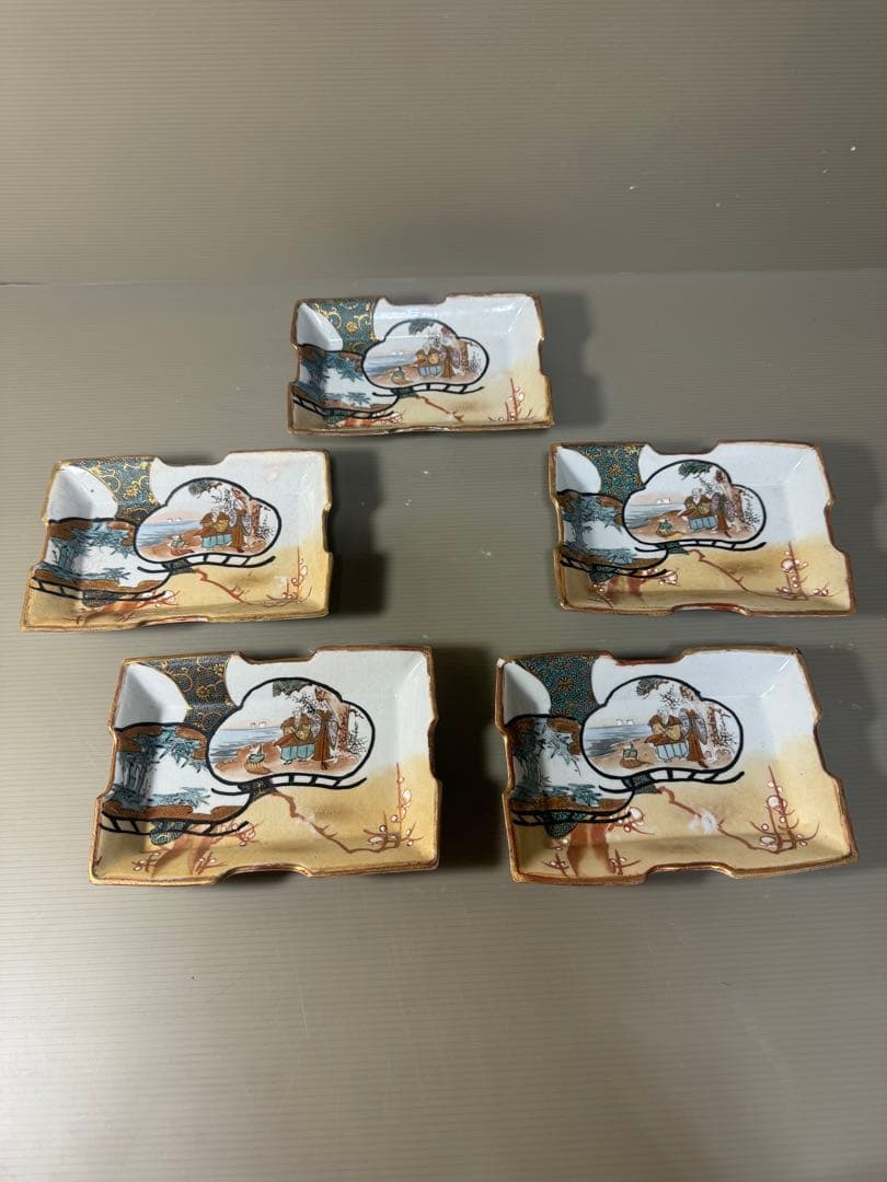 2374  九谷焼　角皿　5客　時代物 2374 九谷焼角皿5客時代物