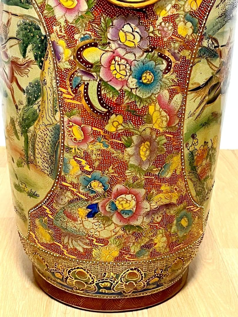 薩摩焼 大花瓶 鶴舞武士戦図 金彩耳双 - メルカリ