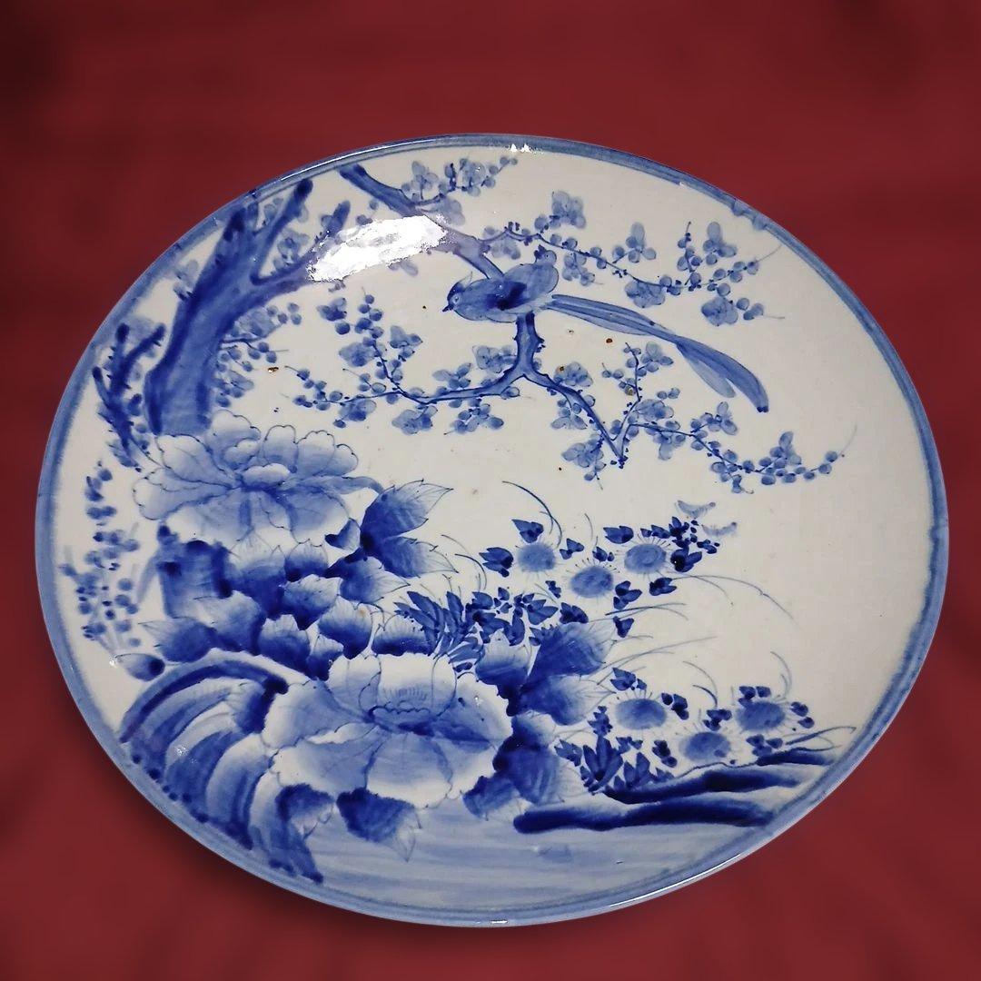 骨董大皿、サイズ46センチ青い花と鳥の陶器プレート - メルカリ
