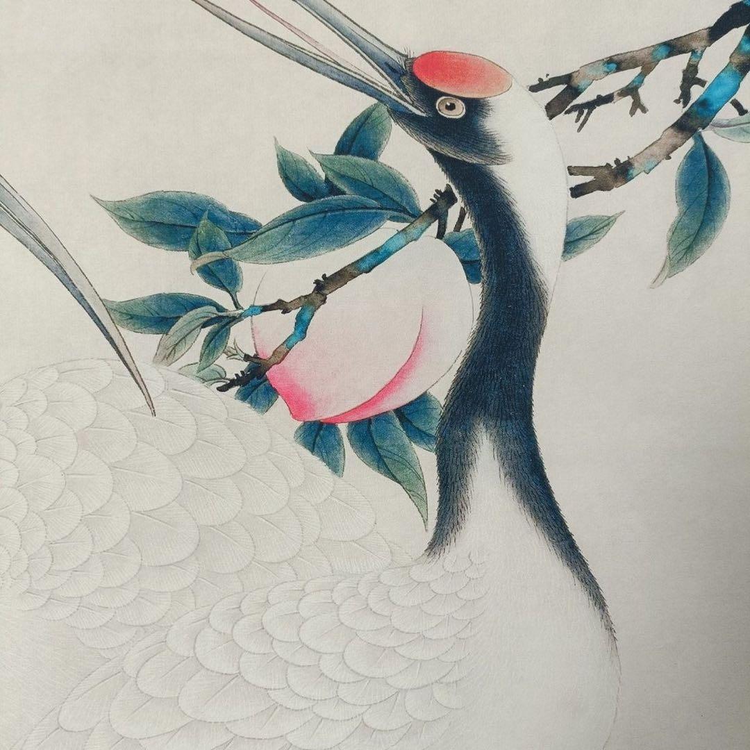 鑑定書付】齊白石「賀寿図」中堂掛軸 防偽標識付 宣紙装裱済 70×