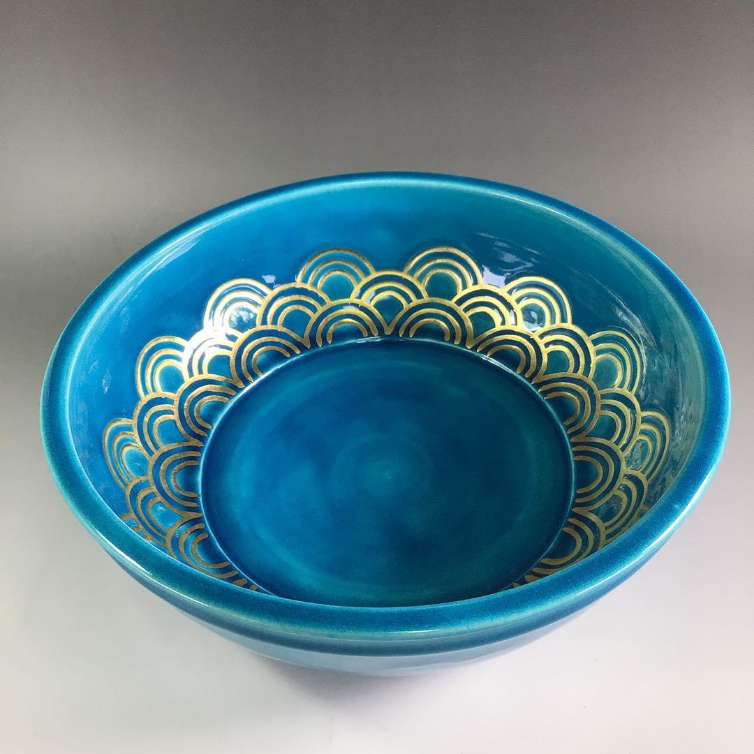 P858 水指 『加賀瑞山造』『トルコ釉』『青海波文』『平水指』 共箱