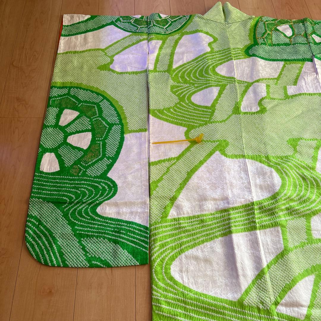 正絹 総絞り 黄緑×緑 疋田 源氏車 刺繍 振袖 着物単品 成人式