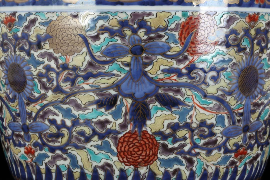 古伊万里】色絵金彩大鉢 菊牡丹文様 植木鉢 蘭鉢 盆栽鉢 火鉢 骨董