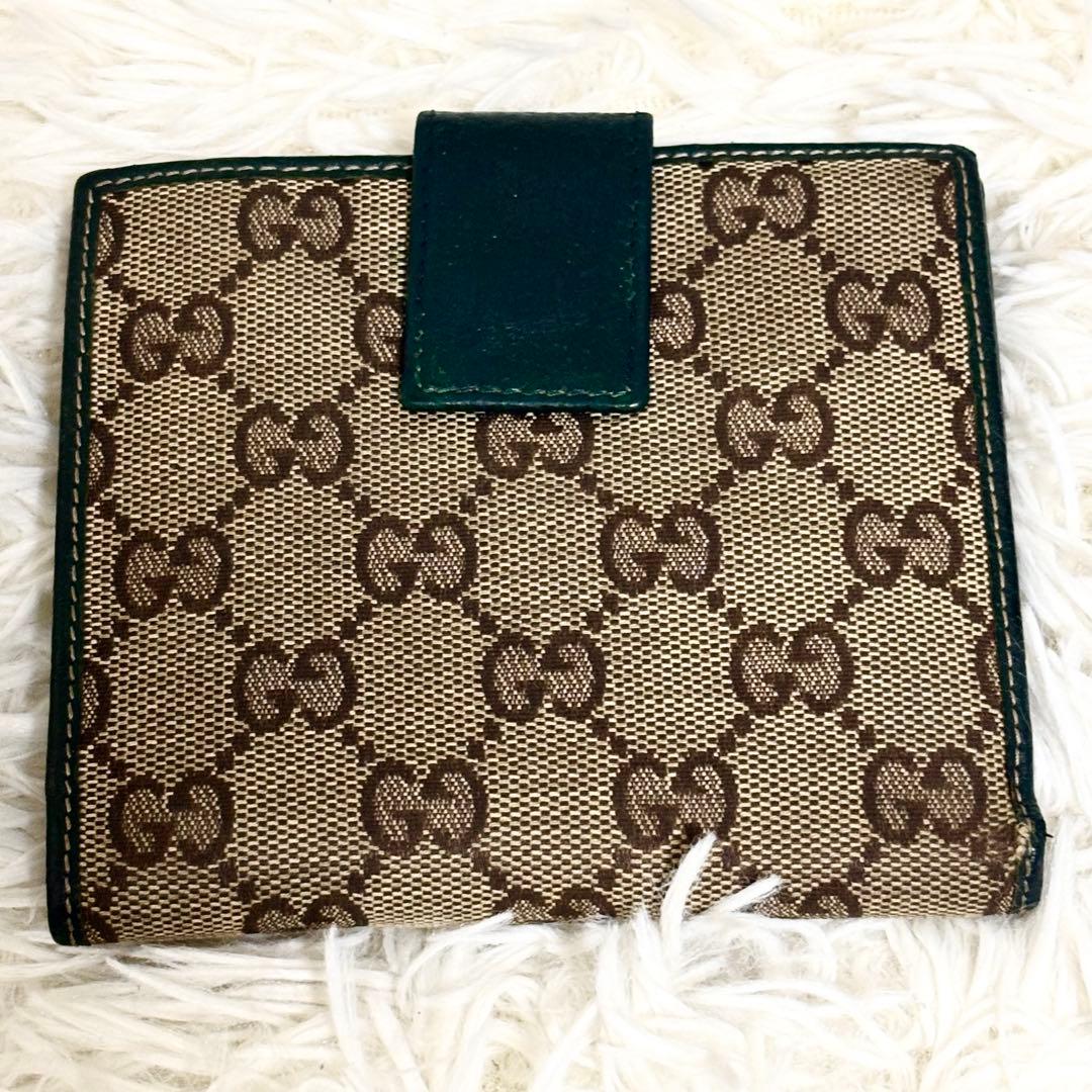 GUCCI グッチ 長財布 GGキャンバス ロゴプレート レザー 金具 緑