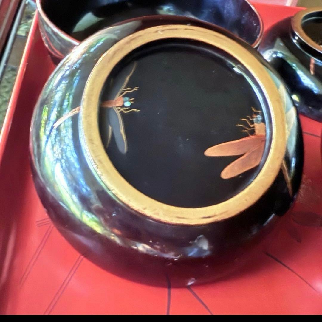 Ｂ様へ感謝お嫁入り‼️レアなかげろふJAPAN螺鈿蒔絵『蜻蛉＆菊＆木蓮上黒持椀4客