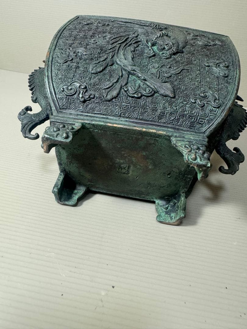 2136  高岡銅器 米田秀保造 獅子摘 龍鳳凰紋 四つ足 香炉