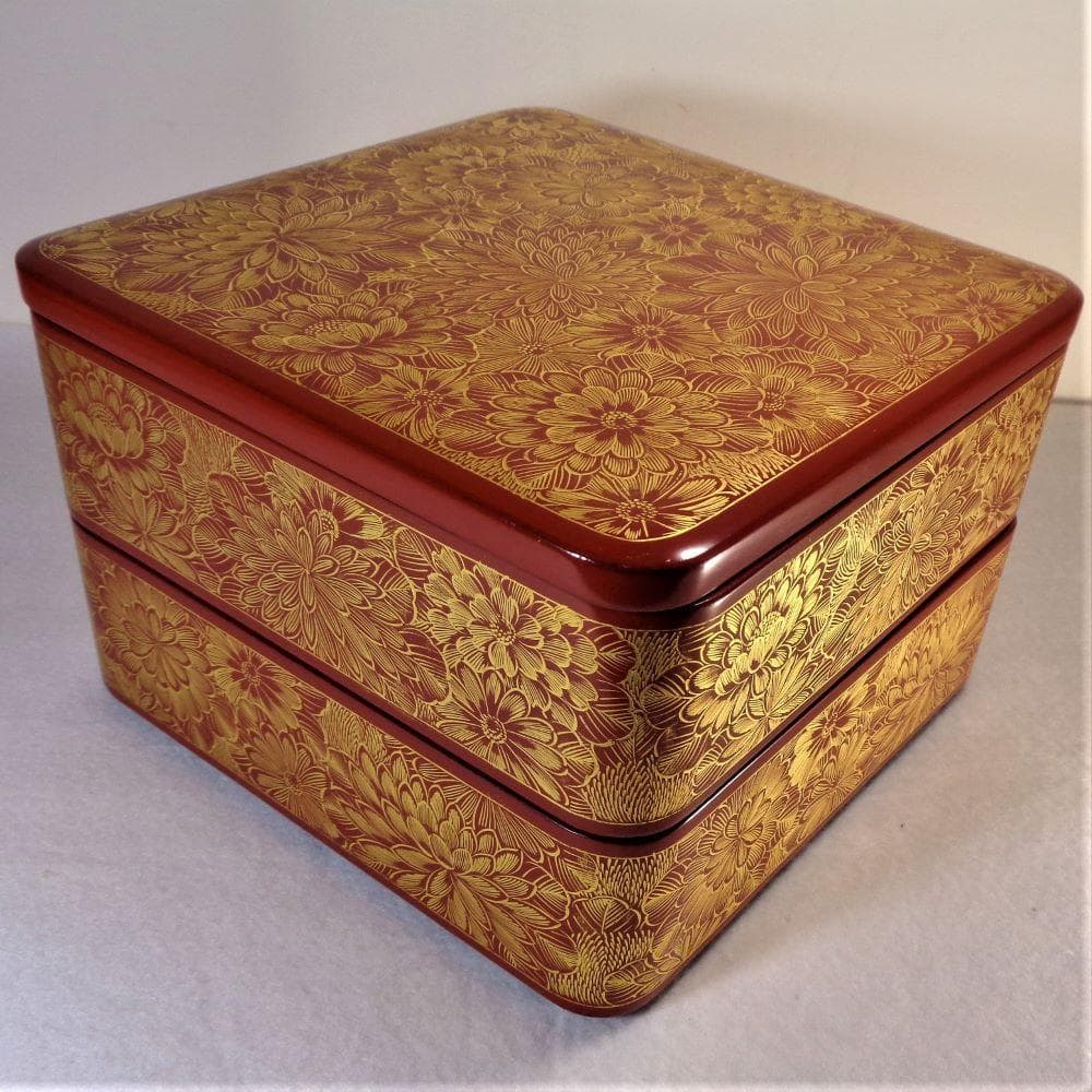 輪島塗 沈金 菊詰 二段重箱 地朱