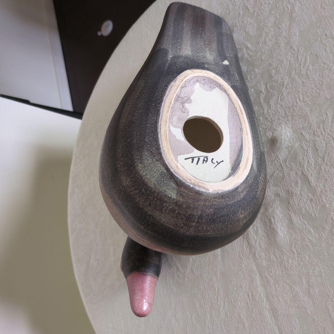 ITALY 陶器 カモ置物 オブジェ 彫り模様有