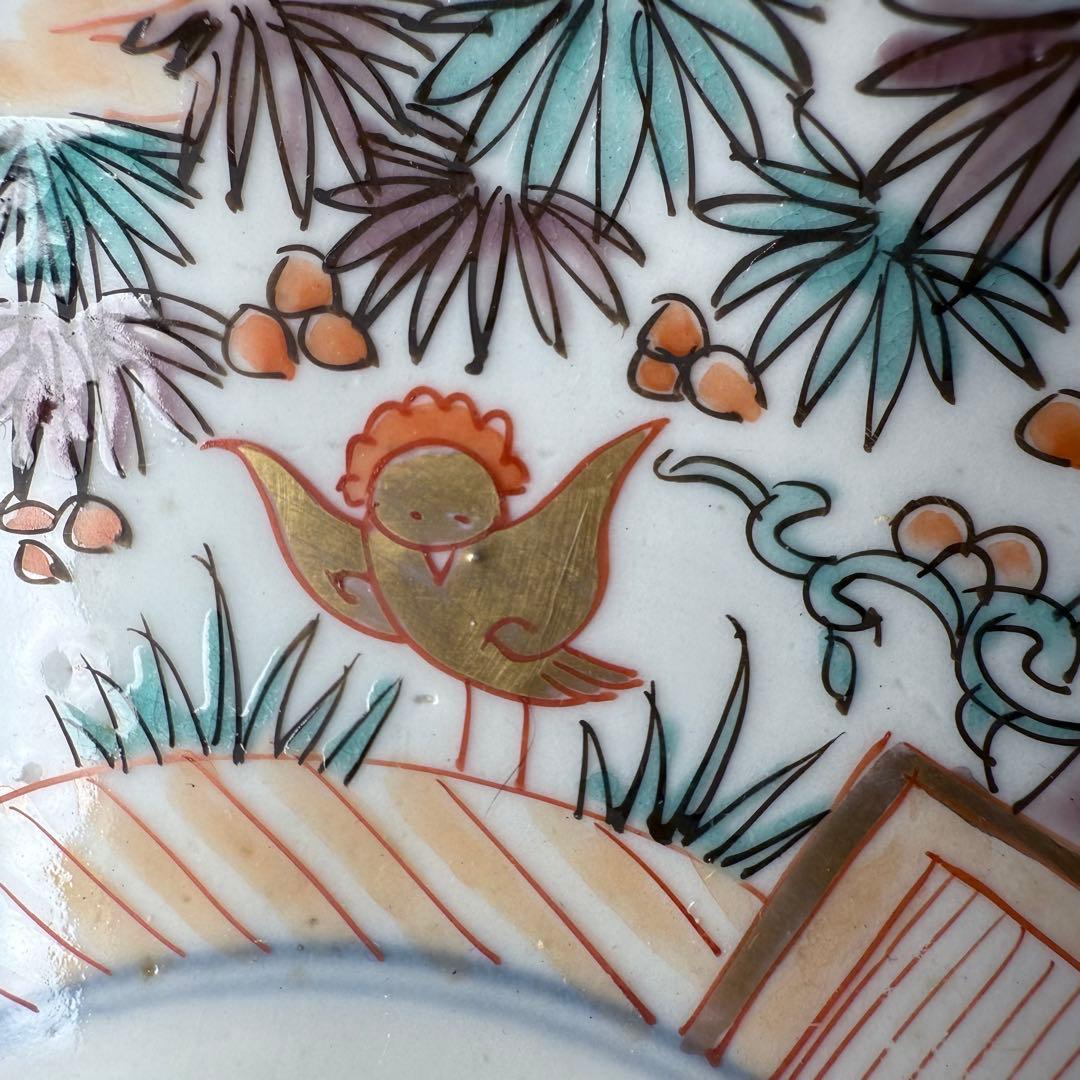 古伊万里 色絵花鳥図輪花形七寸皿 5枚 松竹梅 裏巻物文様