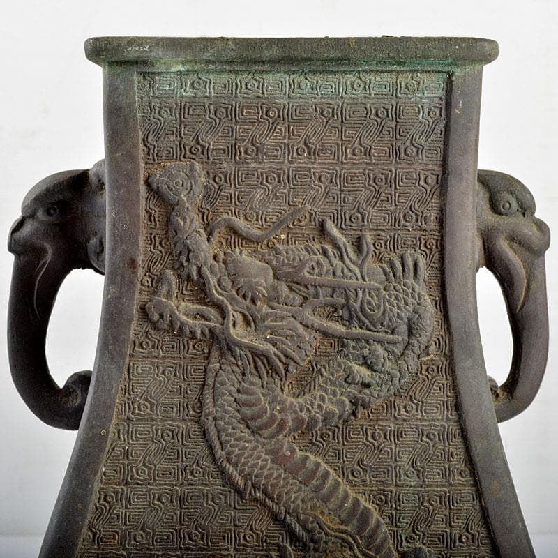 大日本文政年整珉鋳款　古銅　龍饕餮文　四方双耳瓶　M　R4809