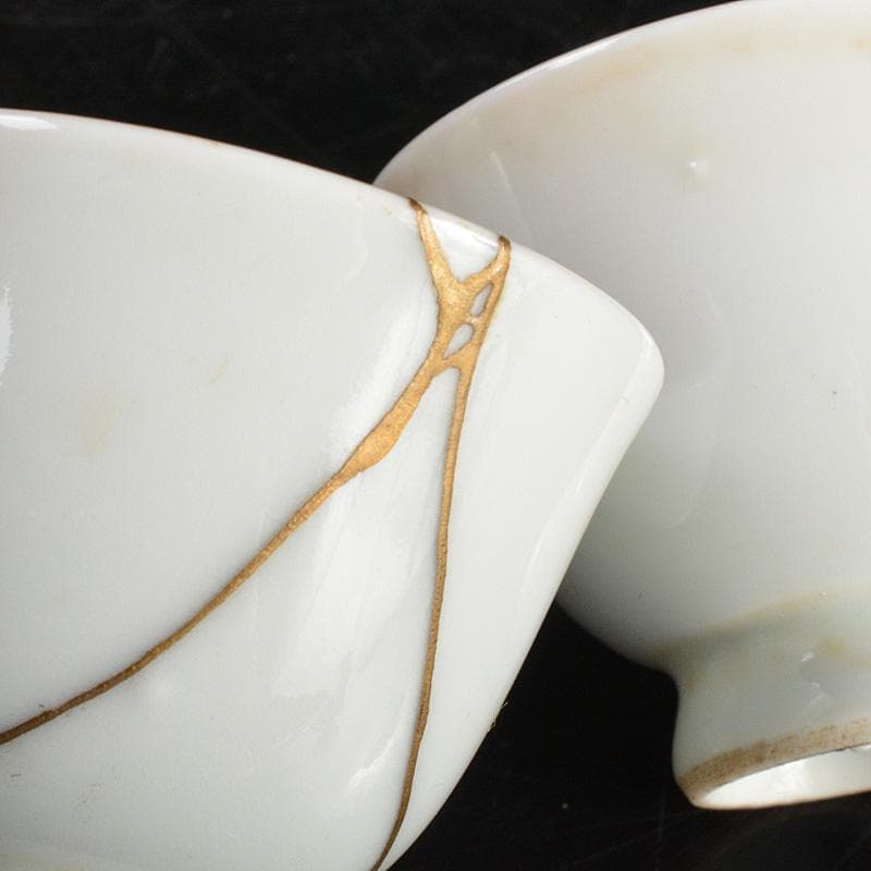 中国 南京白磁 染付寿文 煎茶碗 五客 時代箱付 金継ぎ直しあ M R6911