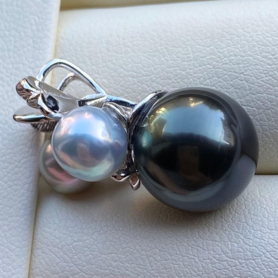 本真珠 南洋黒蝶真珠&あこや真珠ネックレストップ 12.1mmグリーンPT825