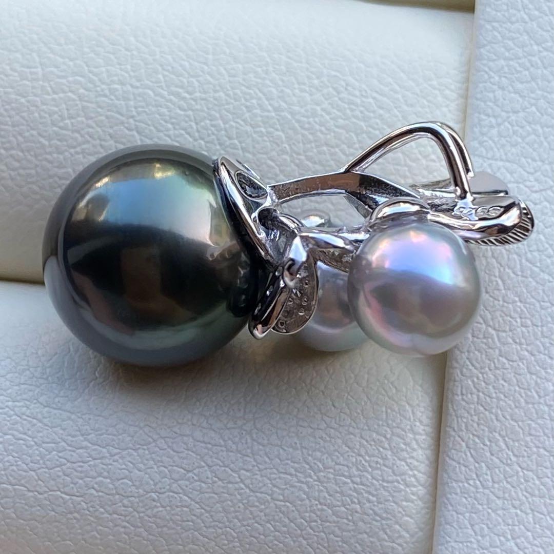 本真珠 南洋黒蝶真珠&あこや真珠ネックレストップ 12.1mmグリーンPT825