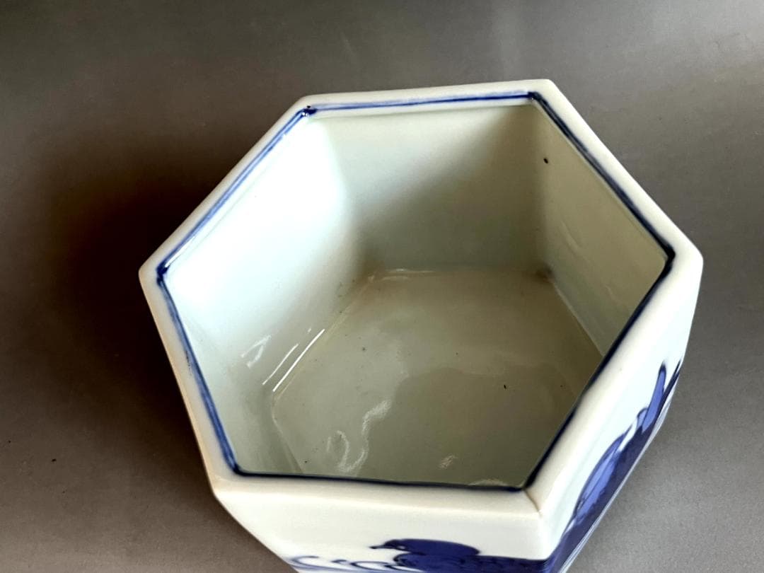 鉢□染付鴨図六角鉢 浮き草 水辺 青華 江戸後期 古美術