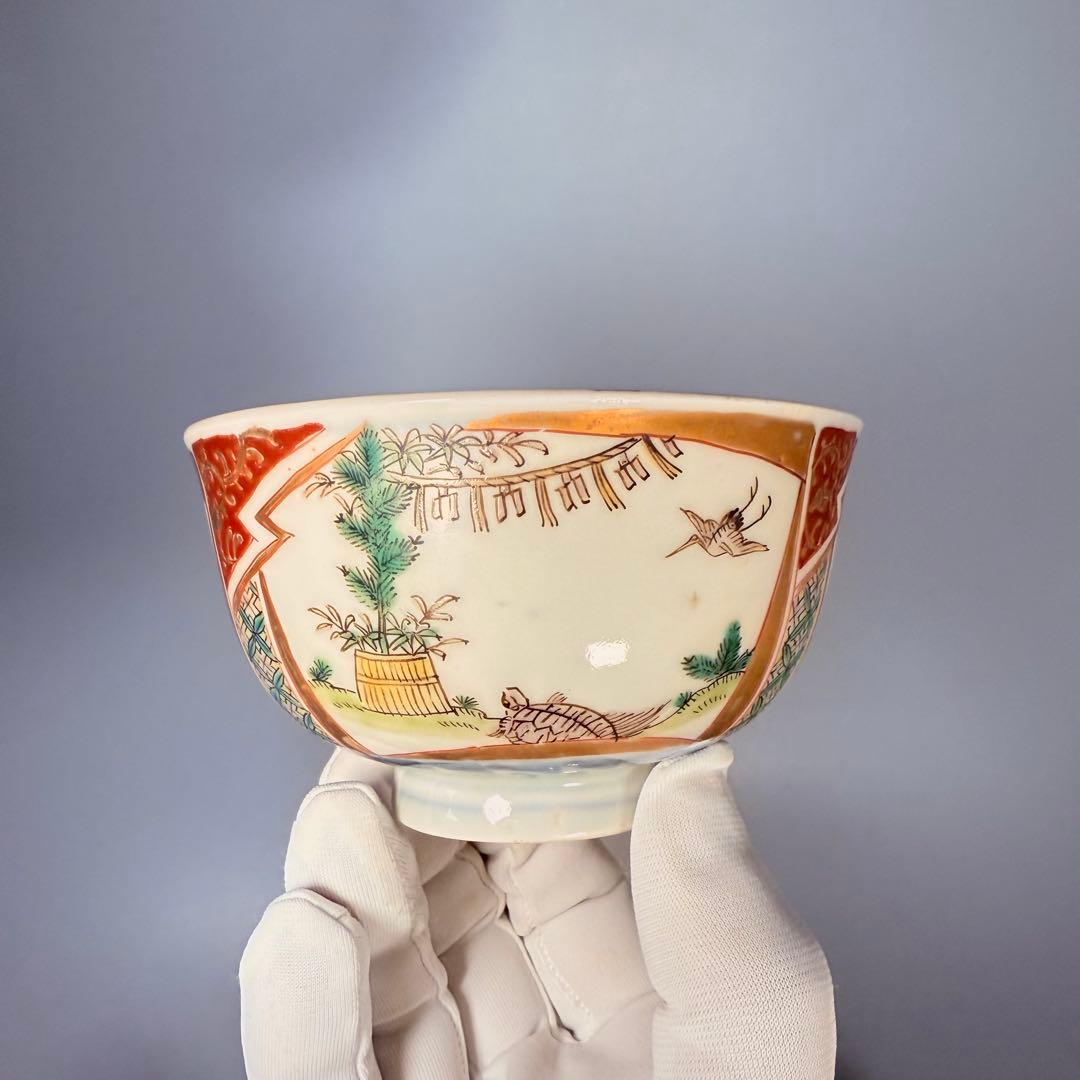 幕末～明治期 色絵鶴亀文様蓋物 五客 納箱付 料理屋 古