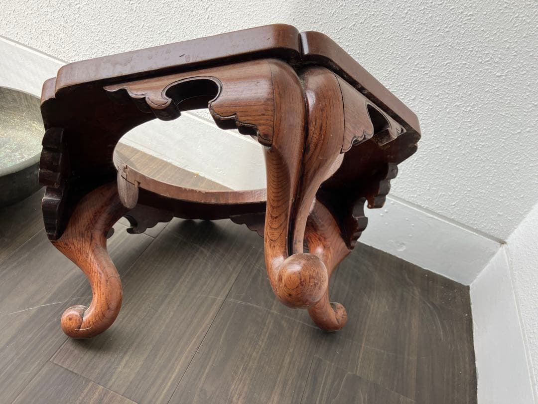 アンティーク 六角形木製火鉢金属皿付き