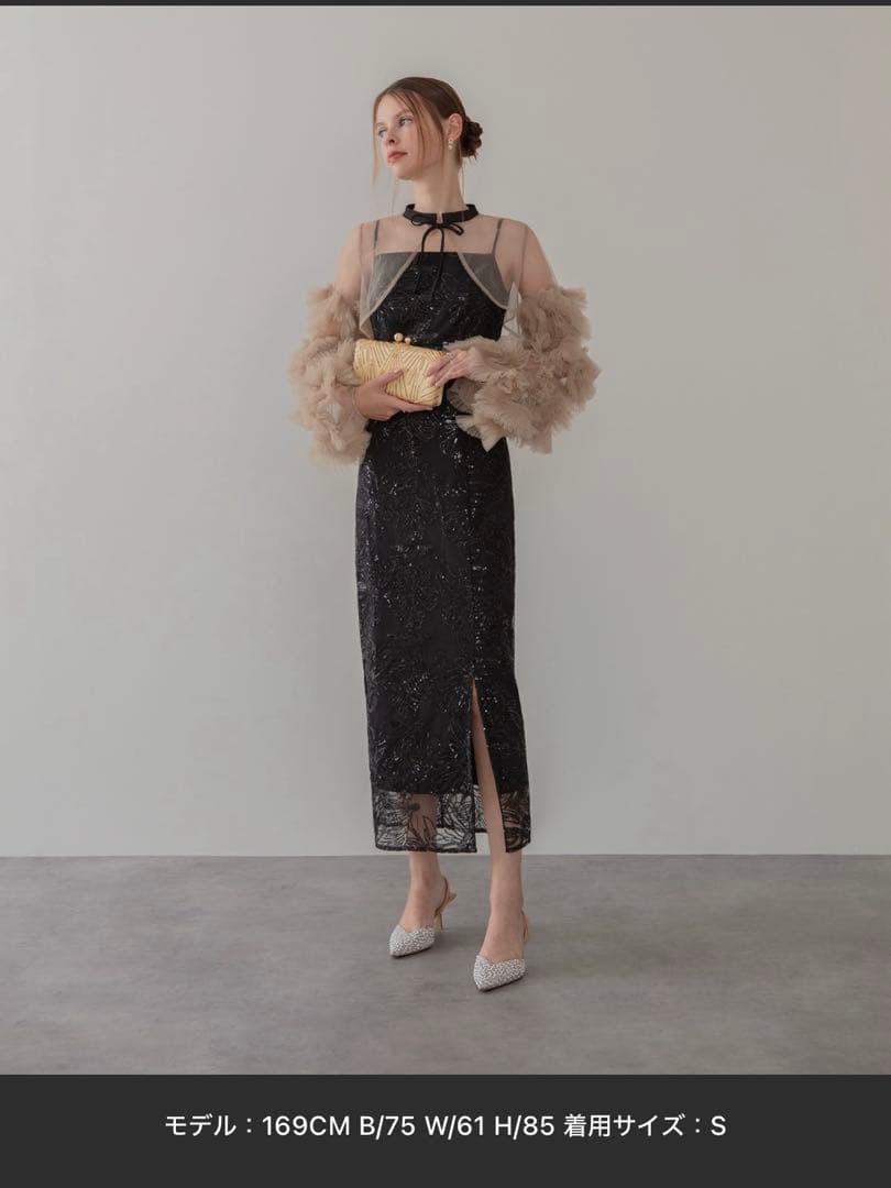 leja フリルチュールスリーブリボンIラインワンピースドレス M ブラック