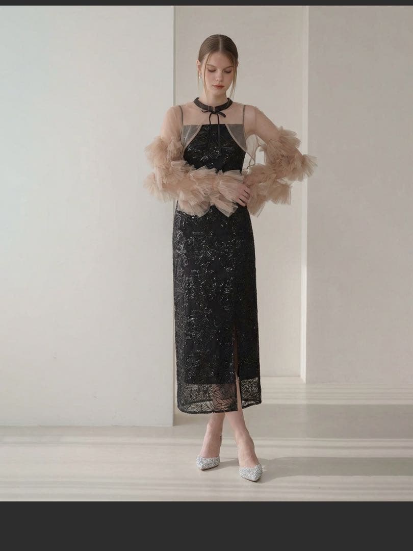 leja フリルチュールスリーブリボンIラインワンピースドレス M ブラック