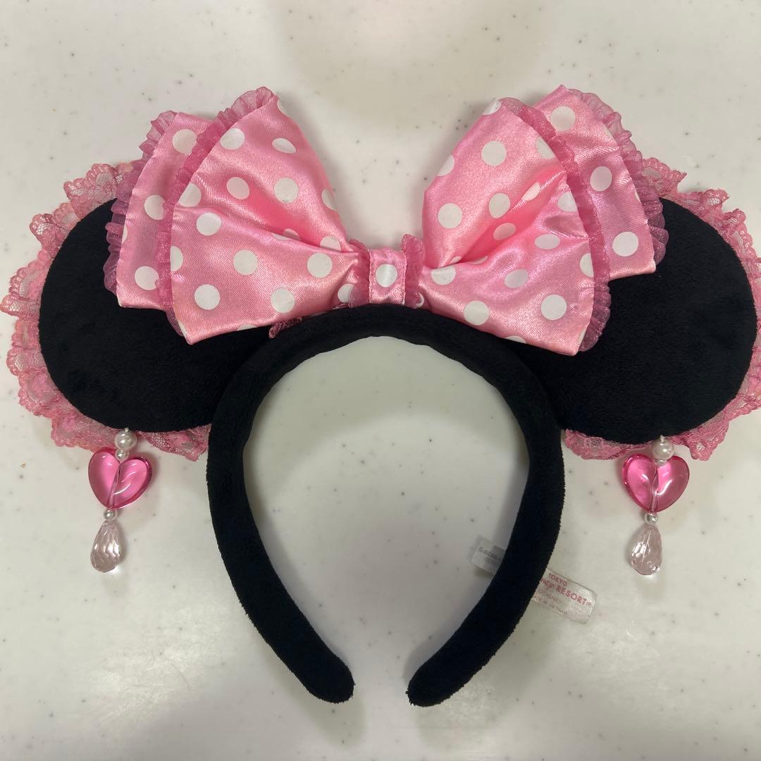 ミニー カチューシャ ピンク イヤリング 水玉 レース リボン
