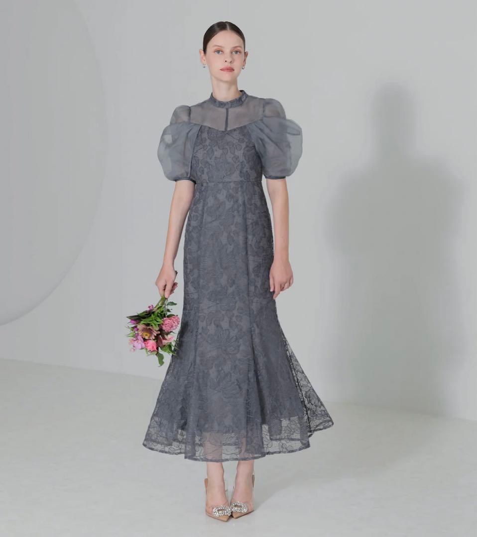 LEJA オーガンジー ドレープ パフスリーブ マーメイド ワンピースドレス