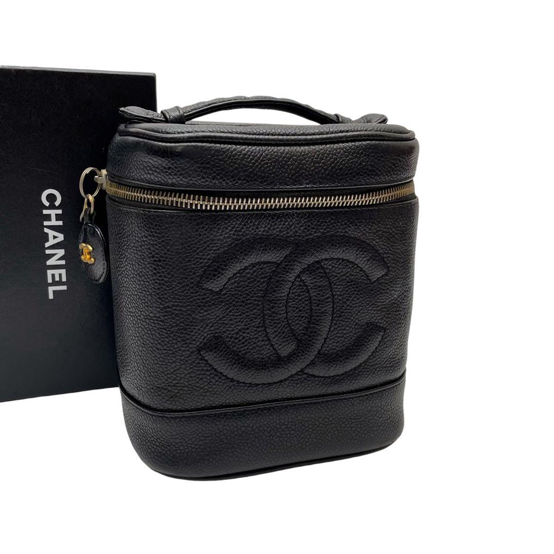 シャネル キャビアスキン バニティ ポーチ ハンド バッグ デカココ 黒