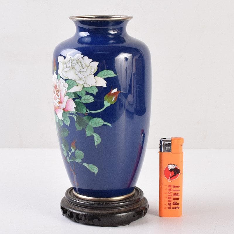 七宝焼　薔薇文　花瓶　唐木台付　時代箱　M　R9058