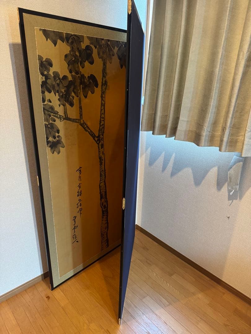 金地二曲屏風 月と樹木の画 インテリアにも合う日本画屏風