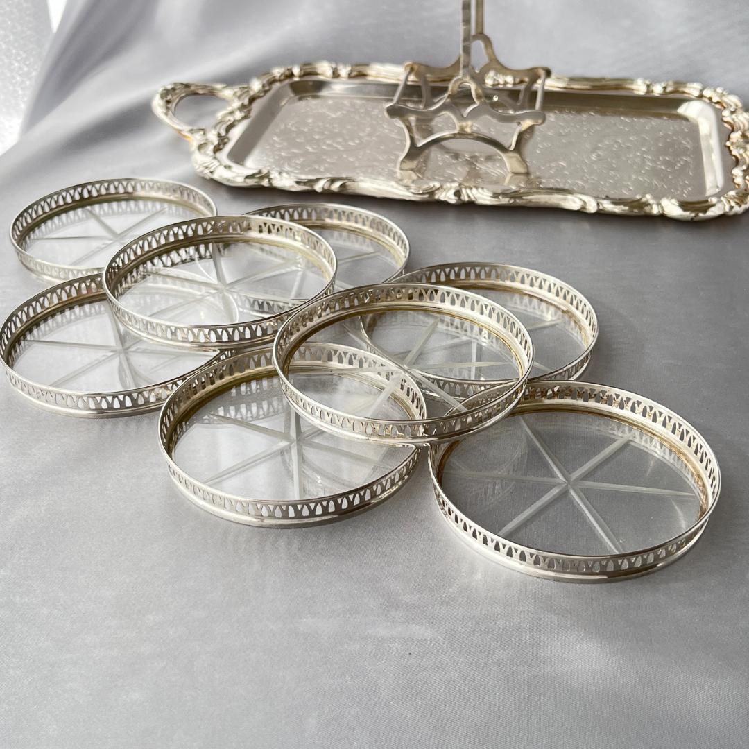 純銀/ガラス】ワイングラスコースター 8枚 / ホルダー スターリング