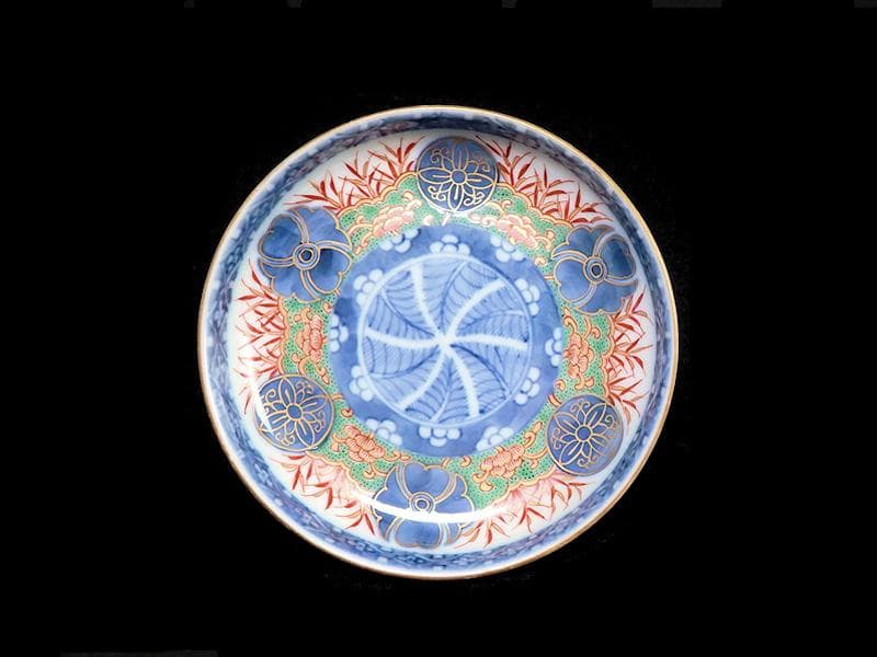 大聖寺古伊万里　金襴手　丸紋に笹の図　４寸皿　４枚　094AS-CAn