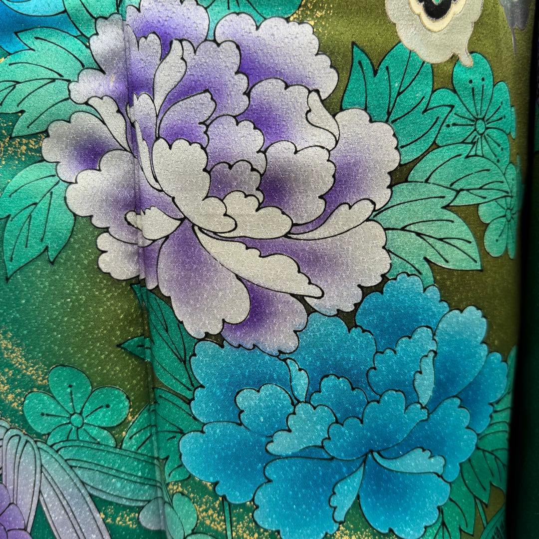 豪華振袖10点フルセット 緑系 ラメ 金彩 松竹梅 牡丹 つけ袖黒レース