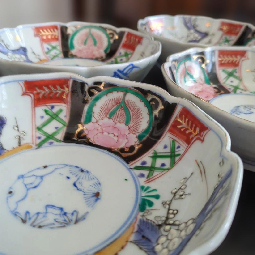 骨董 伊万里 色絵 なます皿 皿 陶器 梅に燕 花弁形 5枚〜