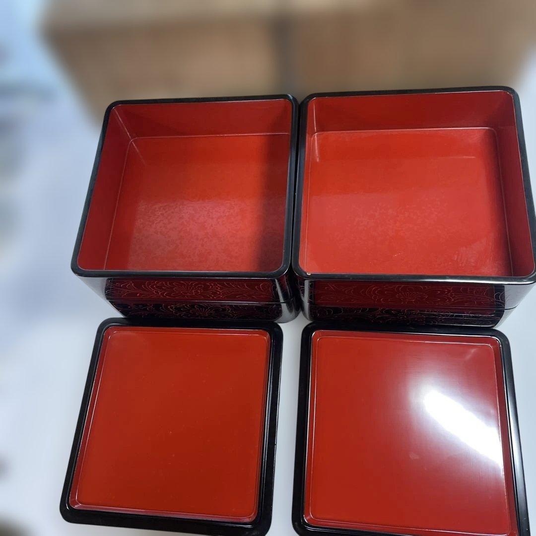 漆塗り重箱 赤い花模様 2段式 輪島塗 重箱 2個セット 昭和レトロ