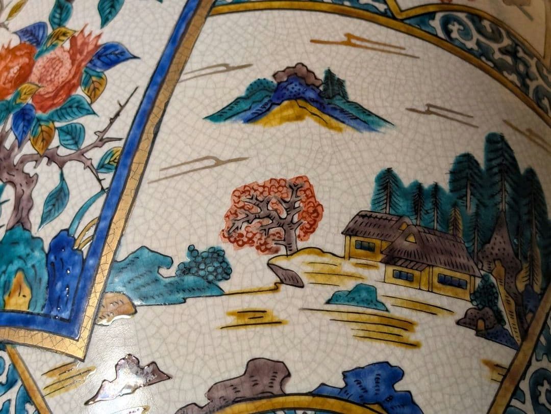 九谷焼角福青手壺花瓶 『双耳飾壺』