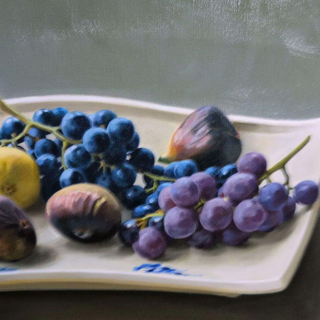 横浜市出身の洋画家川島実の【扇形皿の静物】（果物の静物画 ）、川島実F6号 油彩