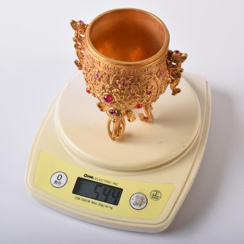 中国 古銅鍍金 双耳三つ足杯 一對 時代箱付 V 7593A