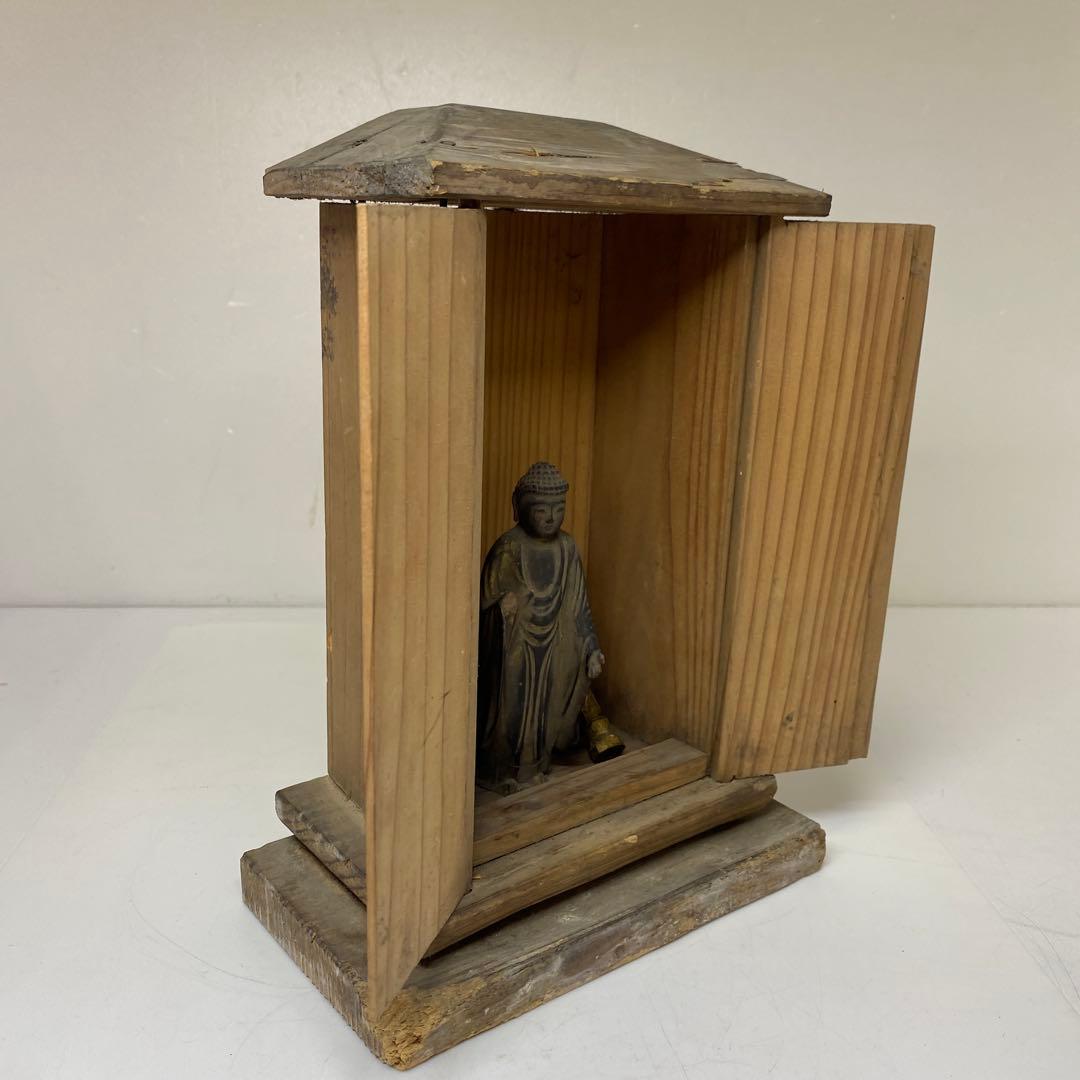 江戸初期 木彫 阿弥陀仏 厨子入 東さ7-1124② 美術品・アンティーク