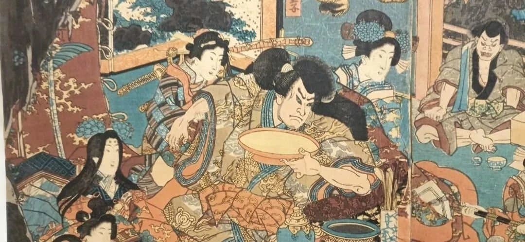 浮世絵版画、酒呑童子酒宴（盗賊)三枚綴り一壽齋国政画（二