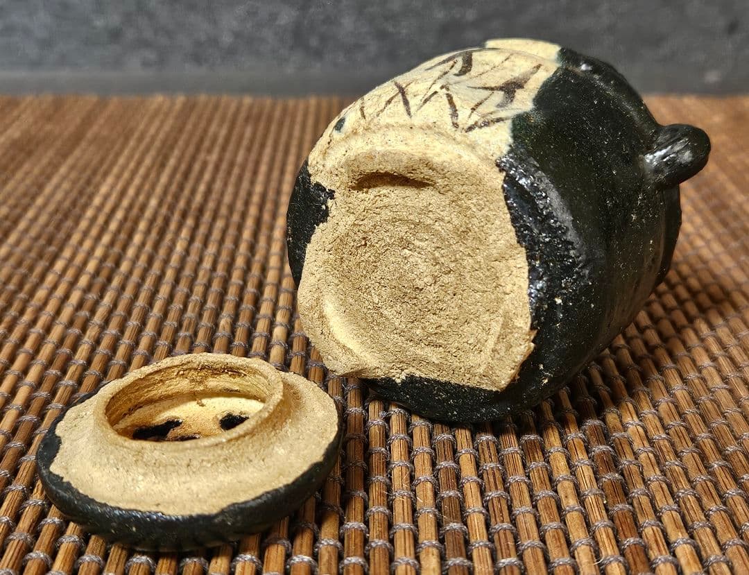 明治時代　古美濃　古瀬戸　黒織部　鉄絵　草文様　双耳　香炉　茶道具　茶器　香道具