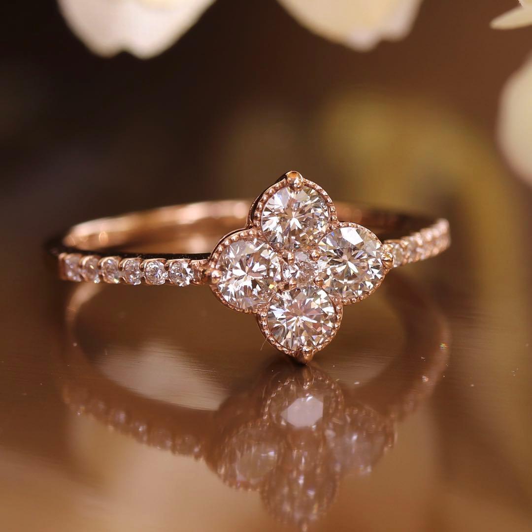 鑑別書付 K18PG 0.71ct四つ葉クローバーミル打ち天然ダイヤモンドリング