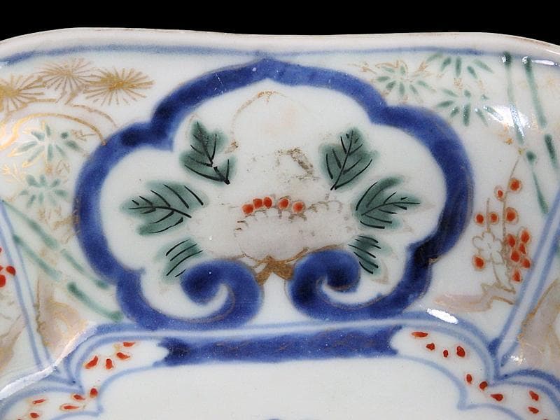 古伊万里 金襴手 窓絵 牡丹に獅子 松竹梅の図 四方角向付 B334AS-CVd