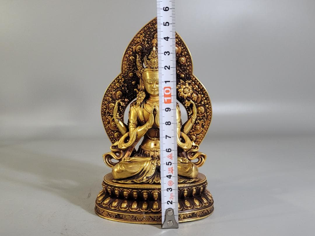 仏教古美術 古銅塗金彫刻 四臂観音仏像 明永楽年施款