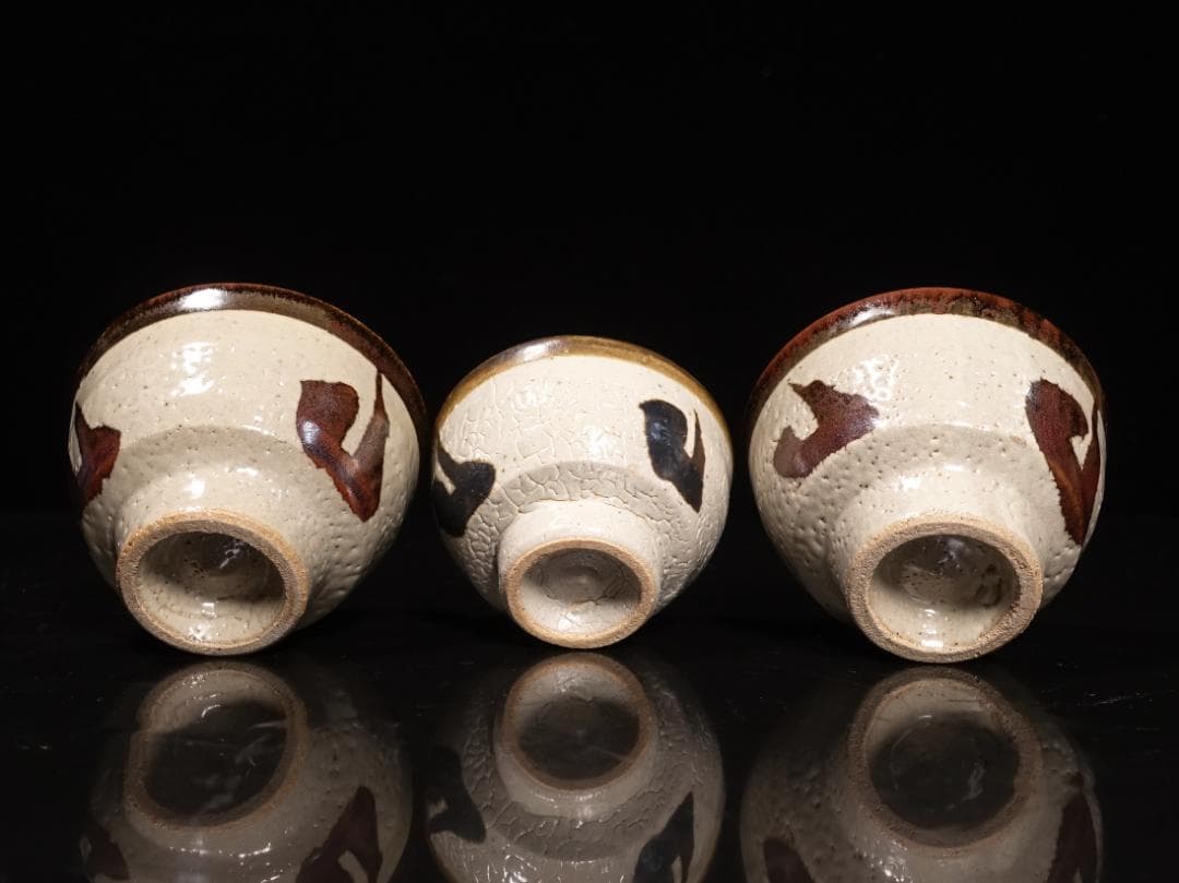 人間国宝 濱田庄司の次男 濱田晋作 鉄絵茶碗 貴重な3客組 共箱