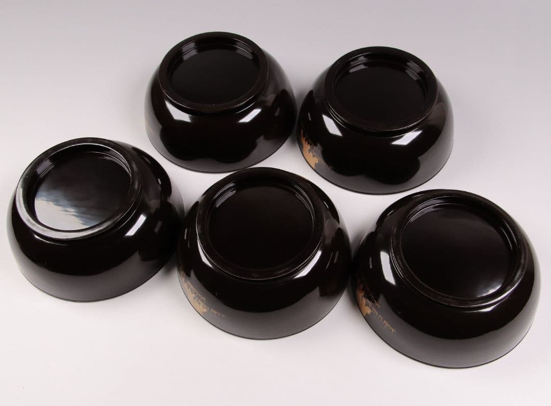 CG79 時代輪島塗 梅金蒔絵 金縁 黒塗椀 五客 木製漆器 / 懐石煮物吸物